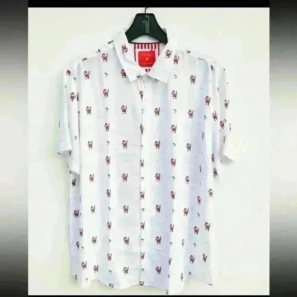 NWT Christmas santa beach surfing palm trees white button up shirt Men Sz M